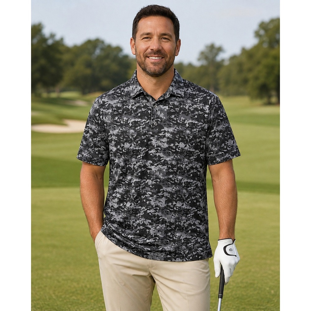FootJoy Golf Polo Men Large Grey Black Digital Camo Athletic Fit Short Sleeve